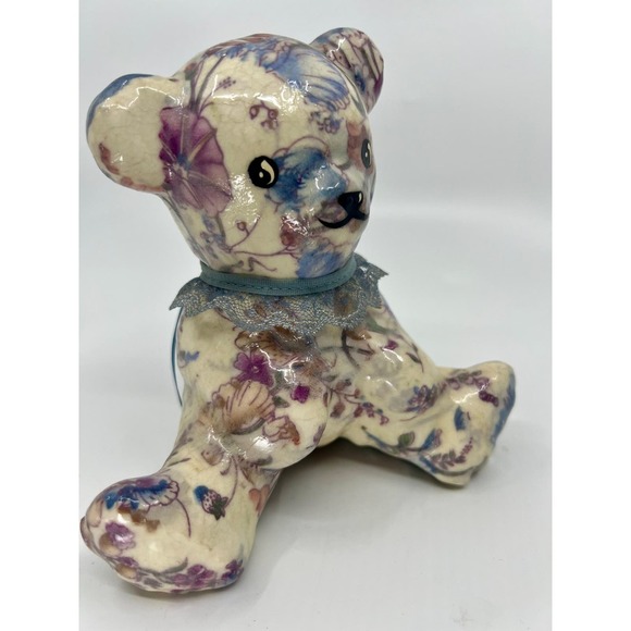 Vintage Decoupage Floral Ceramic Teddy Bear Figurine Flowers & Lace - Picture 6 of 8